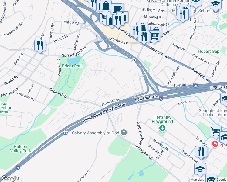 map of restaurants, bars, coffee shops, grocery stores, and more near 9A Stone Hill Road in Springfield