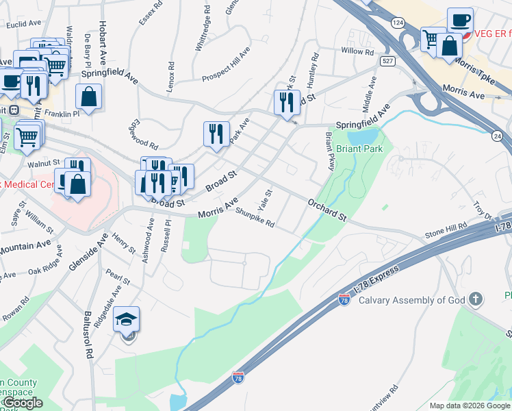 map of restaurants, bars, coffee shops, grocery stores, and more near 18 Shunpike Road in Summit