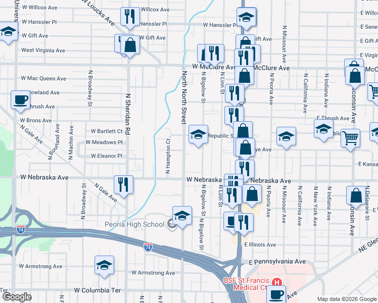 map of restaurants, bars, coffee shops, grocery stores, and more near 2003 North Bigelow Street in Peoria