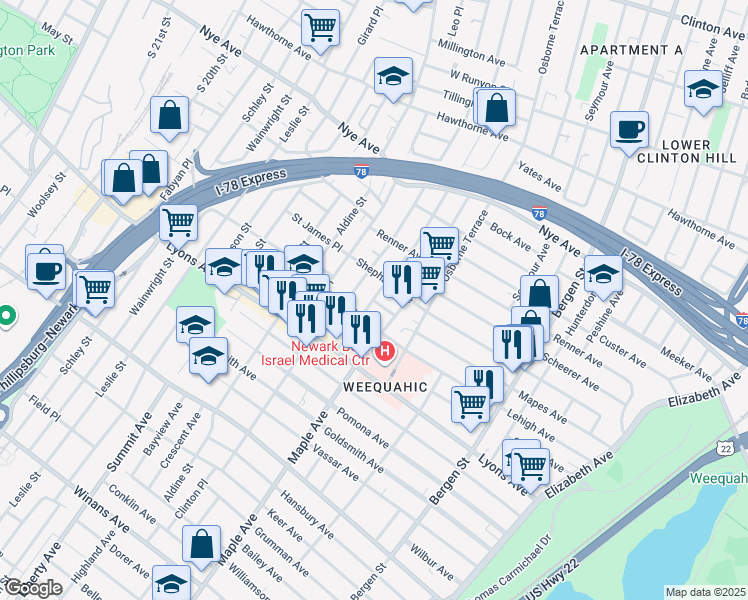 map of restaurants, bars, coffee shops, grocery stores, and more near 173 Schuyler Avenue in Newark