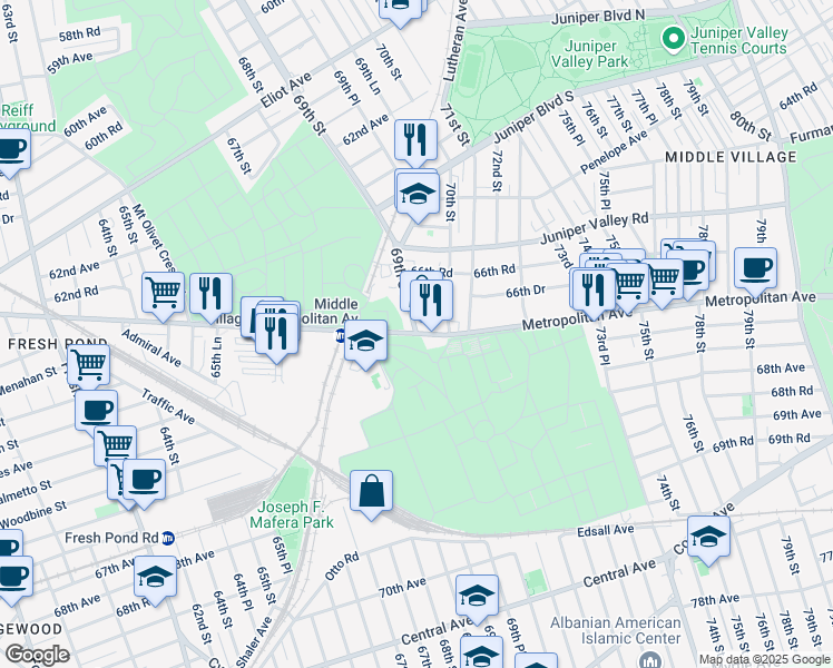 map of restaurants, bars, coffee shops, grocery stores, and more near Metropolitan Avenue & 69th Street in Queens