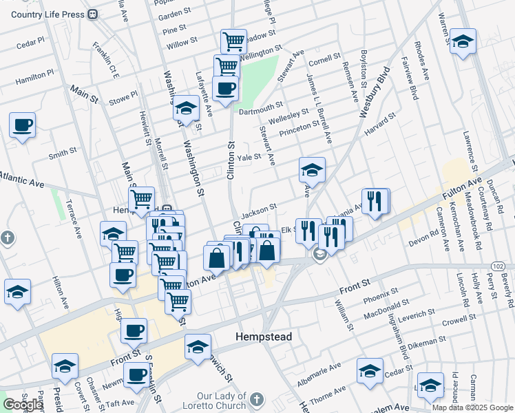 map of restaurants, bars, coffee shops, grocery stores, and more near 71 Robson Place in Hempstead