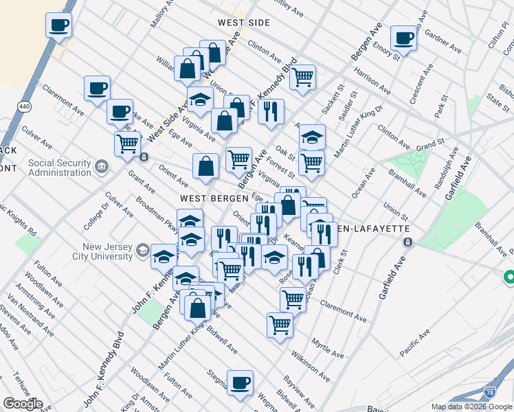 map of restaurants, bars, coffee shops, grocery stores, and more near 104 Orient Avenue in Jersey City