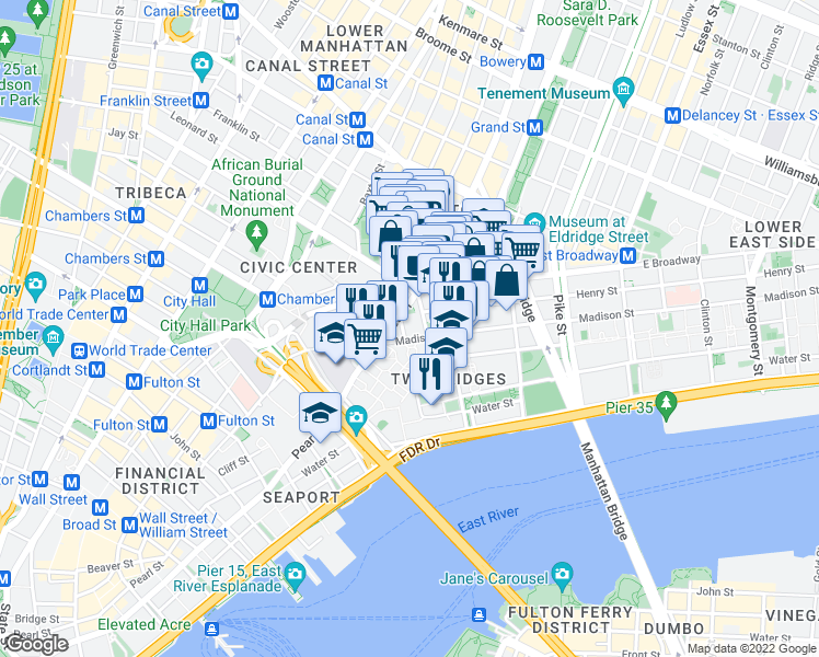map of restaurants, bars, coffee shops, grocery stores, and more near 32 James Street in New York