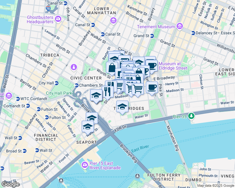 map of restaurants, bars, coffee shops, grocery stores, and more near 32 James Street in New York