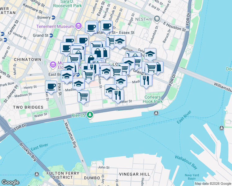 map of restaurants, bars, coffee shops, grocery stores, and more near 192 Monroe Street in New York
