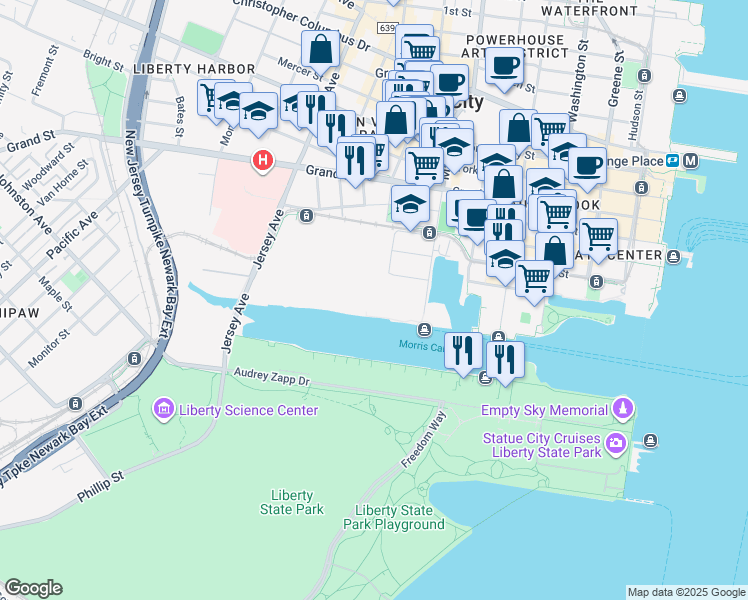 map of restaurants, bars, coffee shops, grocery stores, and more near 11 Henderson St in Jersey City