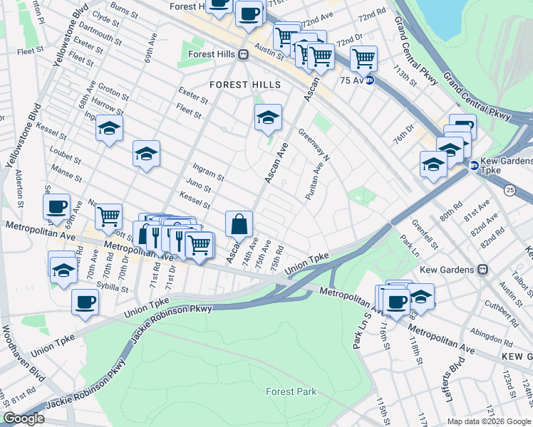 map of restaurants, bars, coffee shops, grocery stores, and more near 74-07 Kessel Street in Queens