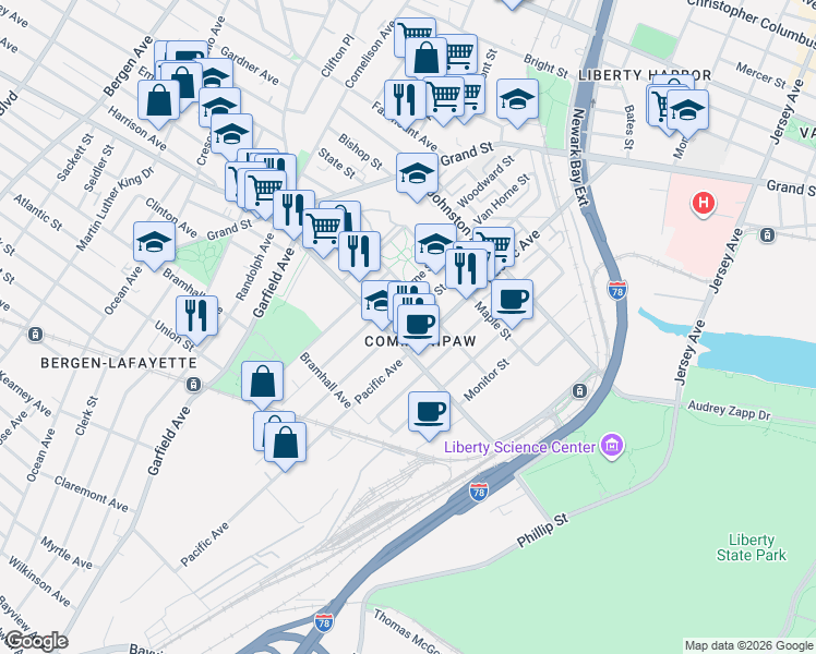 map of restaurants, bars, coffee shops, grocery stores, and more near in Jersey City