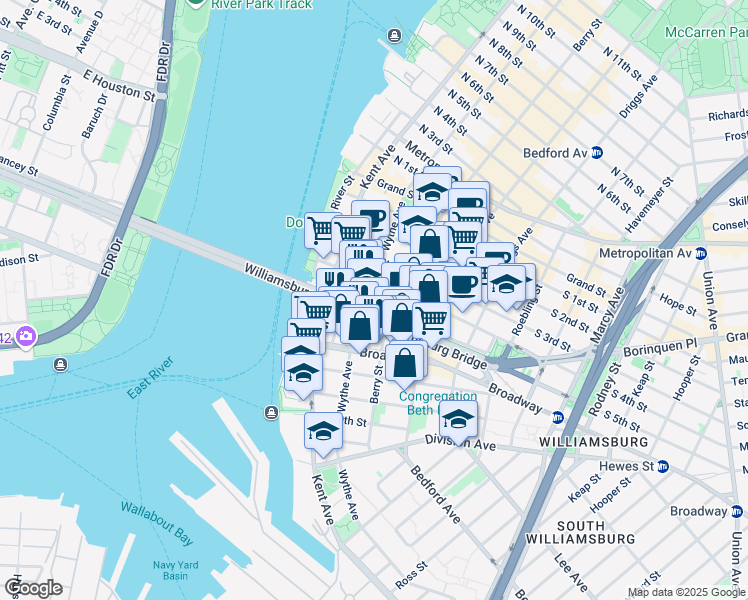 map of restaurants, bars, coffee shops, grocery stores, and more near 373 Wythe Avenue in Brooklyn