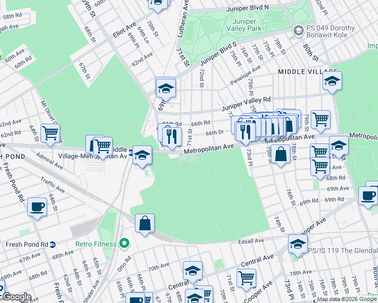 map of restaurants, bars, coffee shops, grocery stores, and more near 71st Street in Queens