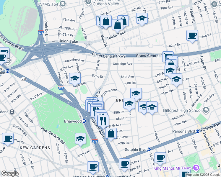 map of restaurants, bars, coffee shops, grocery stores, and more near 141-37 Pershing Crescent in Queens