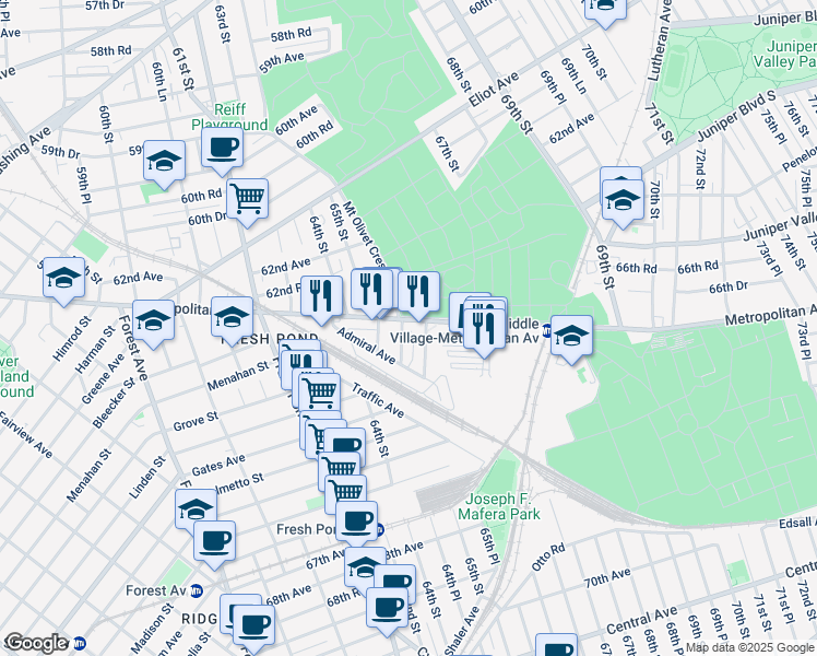 map of restaurants, bars, coffee shops, grocery stores, and more near 64-34 65th Lane in Queens