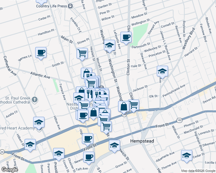 map of restaurants, bars, coffee shops, grocery stores, and more near in Hempstead