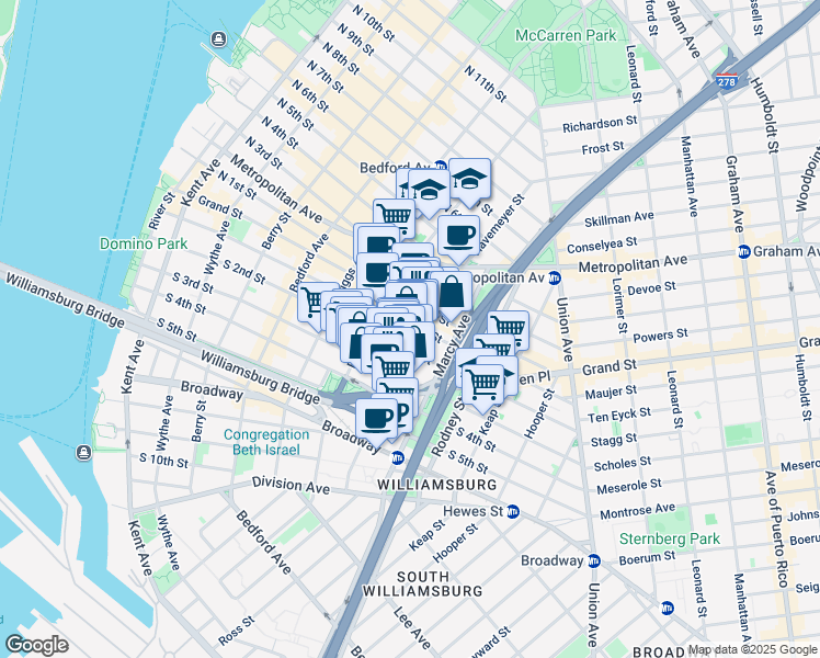 map of restaurants, bars, coffee shops, grocery stores, and more near 153 Havemeyer Street in Brooklyn