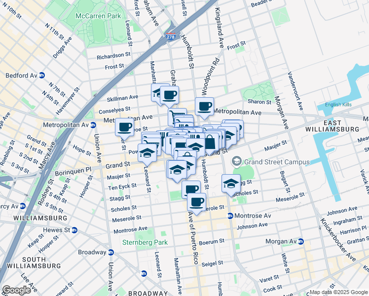 map of restaurants, bars, coffee shops, grocery stores, and more near 702 Grand Street in Brooklyn