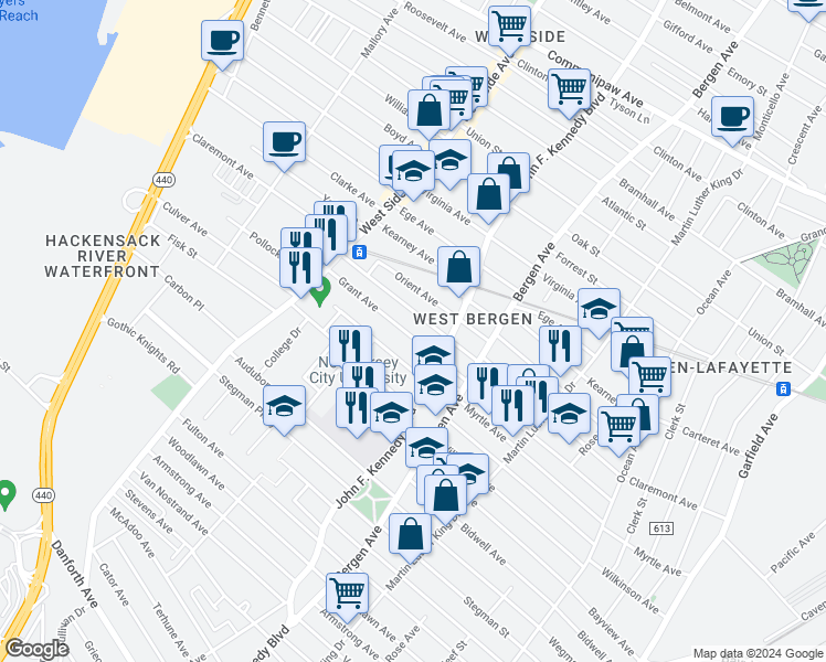 map of restaurants, bars, coffee shops, grocery stores, and more near 210 Grant Avenue in Jersey City