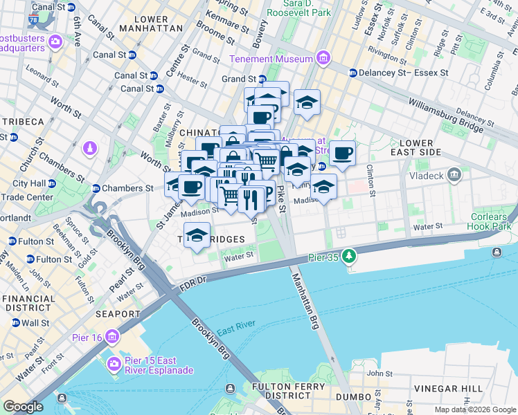 map of restaurants, bars, coffee shops, grocery stores, and more near 126 Madison Street in New York