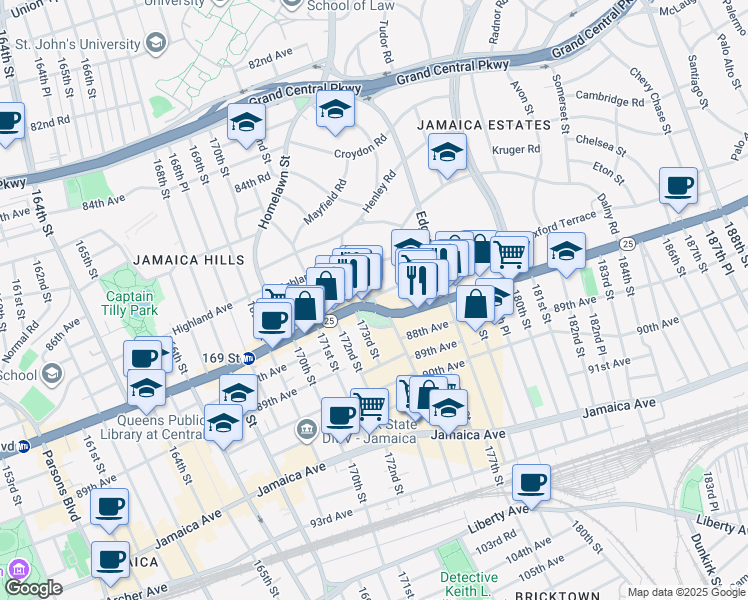 map of restaurants, bars, coffee shops, grocery stores, and more near 175-20 Wexford Terrace in Queens