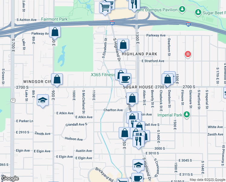 map of restaurants, bars, coffee shops, grocery stores, and more near 1190 East 2700 South in Salt Lake City