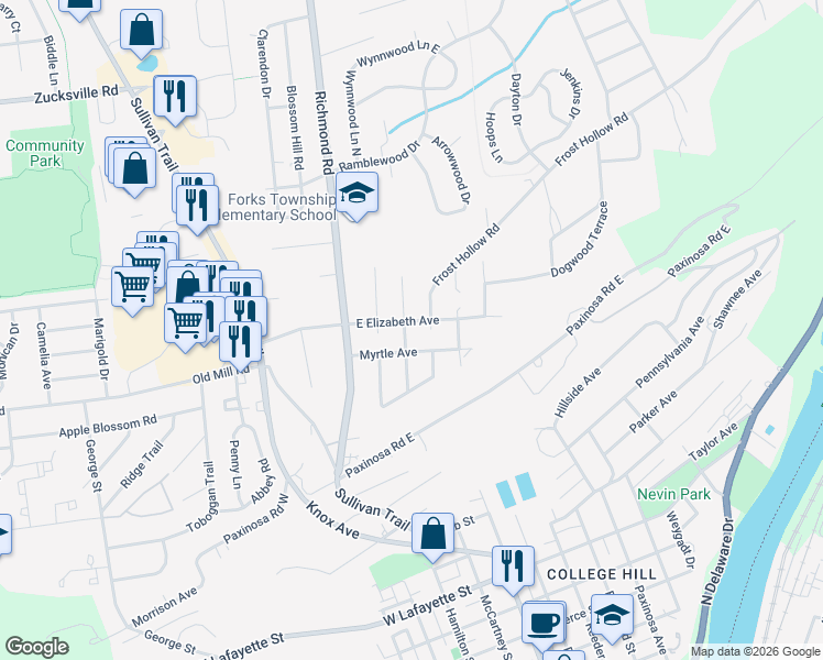 map of restaurants, bars, coffee shops, grocery stores, and more near 1506 Johnson Street in Easton