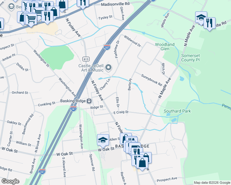 map of restaurants, bars, coffee shops, grocery stores, and more near 38 Ellis Drive in Basking Ridge