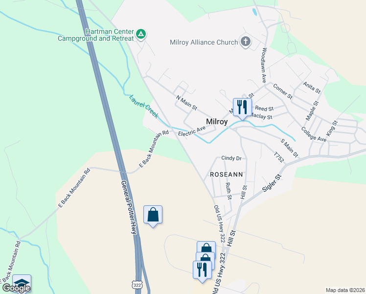 map of restaurants, bars, coffee shops, grocery stores, and more near 2-12 Chance Lane in Milroy