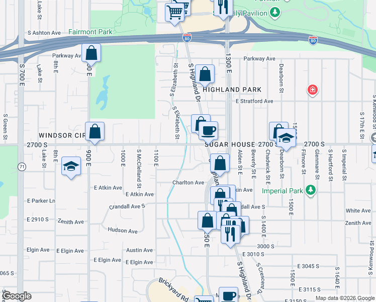map of restaurants, bars, coffee shops, grocery stores, and more near 1190 East 2700 South in Salt Lake City