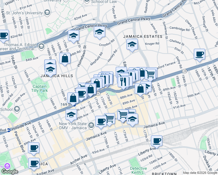 map of restaurants, bars, coffee shops, grocery stores, and more near 50 Highland Avenue in Queens