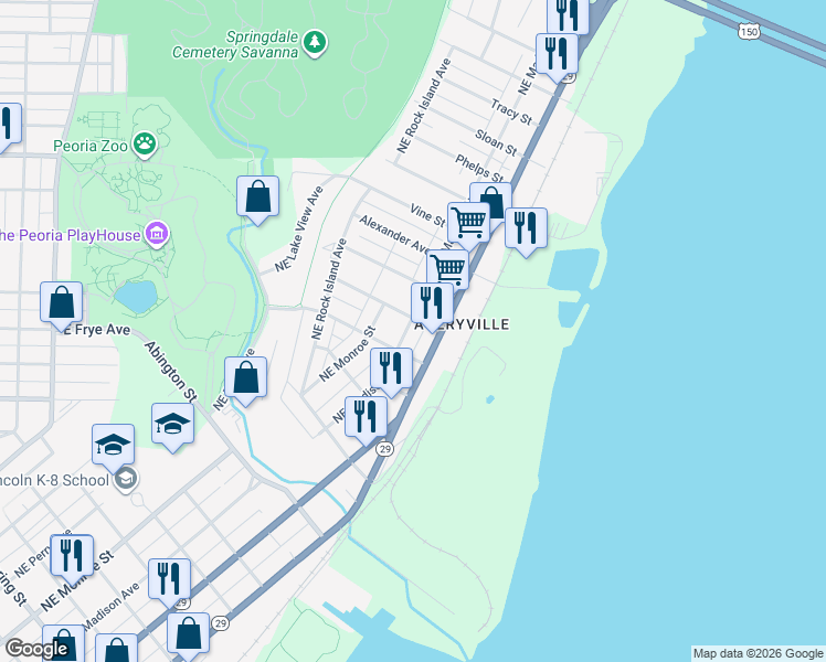 map of restaurants, bars, coffee shops, grocery stores, and more near 2516 Northeast Madison Avenue in Peoria