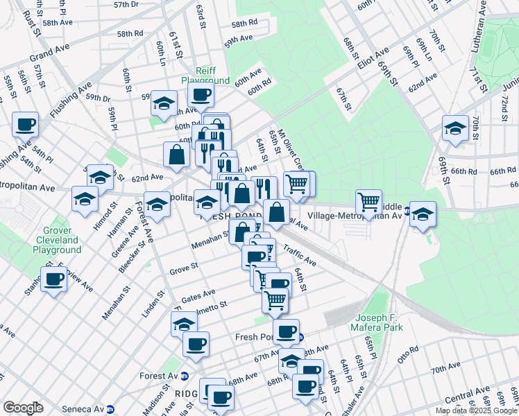 map of restaurants, bars, coffee shops, grocery stores, and more near 63-07 Metropolitan Avenue in Queens
