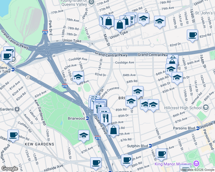 map of restaurants, bars, coffee shops, grocery stores, and more near 141-71 84th Road in Queens