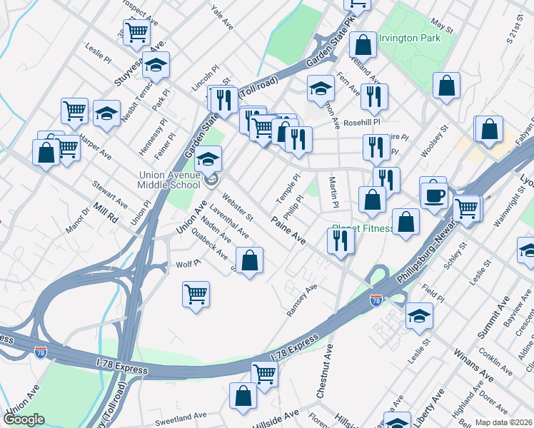 map of restaurants, bars, coffee shops, grocery stores, and more near 39 Temple Place in Irvington