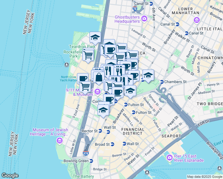 map of restaurants, bars, coffee shops, grocery stores, and more near 250 Greenwich Street in New York