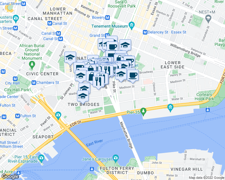 map of restaurants, bars, coffee shops, grocery stores, and more near 148 Madison Street in New York