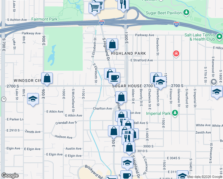 map of restaurants, bars, coffee shops, grocery stores, and more near 2718 South Highland Drive in Salt Lake City
