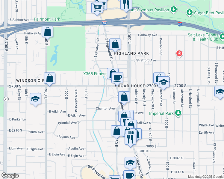 map of restaurants, bars, coffee shops, grocery stores, and more near 1203 2700 South in Salt Lake City