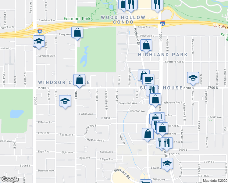 map of restaurants, bars, coffee shops, grocery stores, and more near 2642 South 1100 East in Salt Lake City