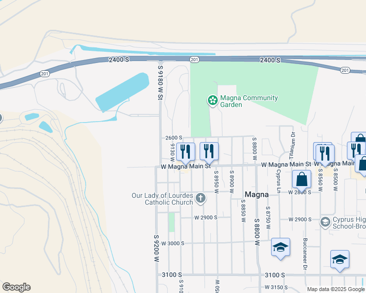 map of restaurants, bars, coffee shops, grocery stores, and more near 2620 South 9085 West in Magna
