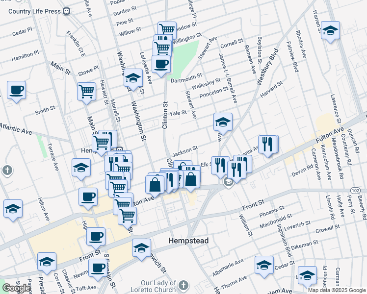 map of restaurants, bars, coffee shops, grocery stores, and more near 262 East Columbia Street in Hempstead