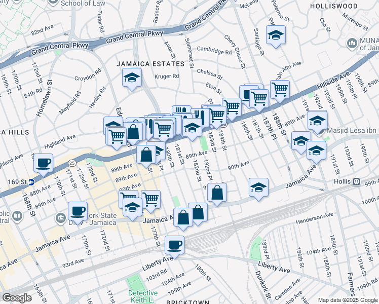 map of restaurants, bars, coffee shops, grocery stores, and more near 88-12 182nd Street in Queens