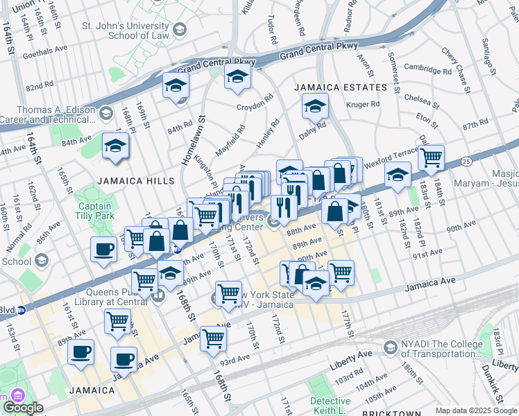 map of restaurants, bars, coffee shops, grocery stores, and more near 50 Highland Avenue in Queens