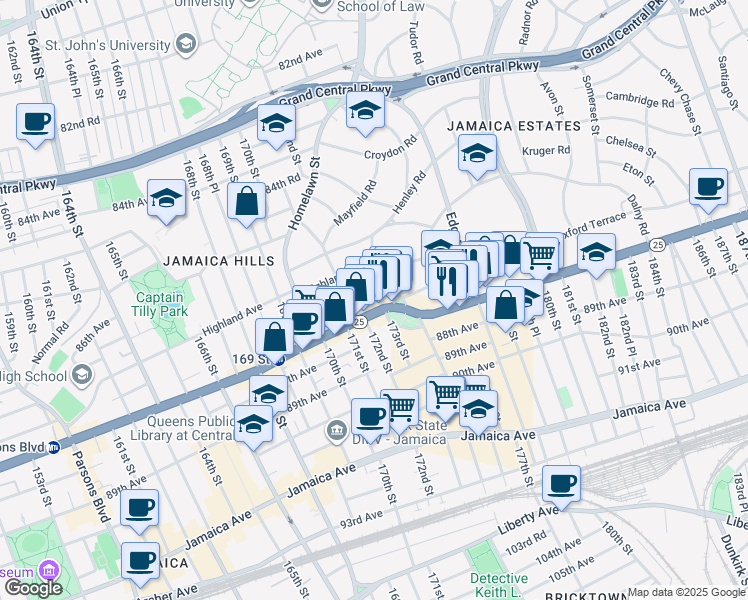 map of restaurants, bars, coffee shops, grocery stores, and more near 50 Highland Avenue in Queens