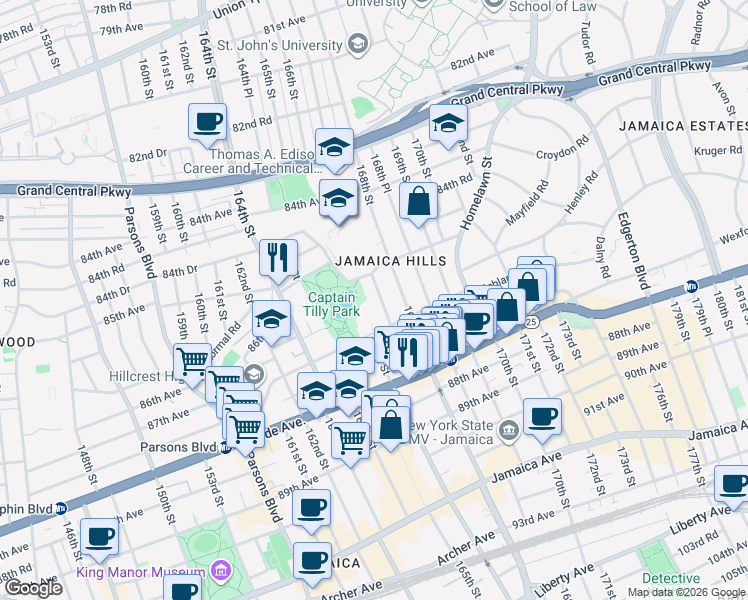 map of restaurants, bars, coffee shops, grocery stores, and more near 167-01 Gothic Drive in Queens