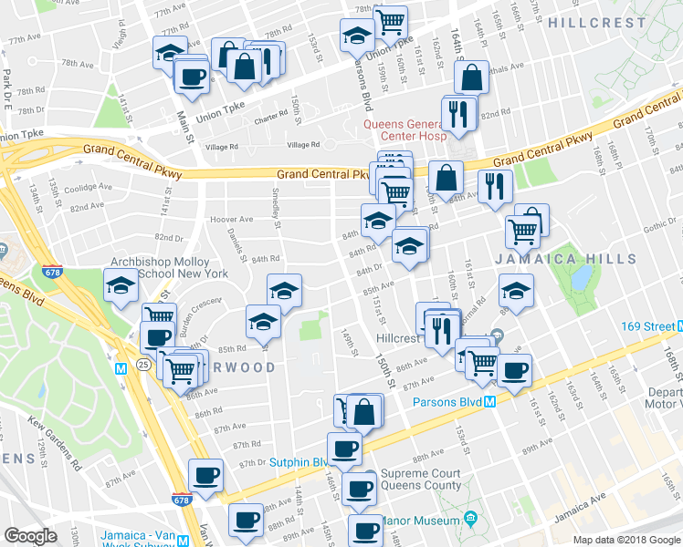map of restaurants, bars, coffee shops, grocery stores, and more near 148-22 84th Avenue in Queens