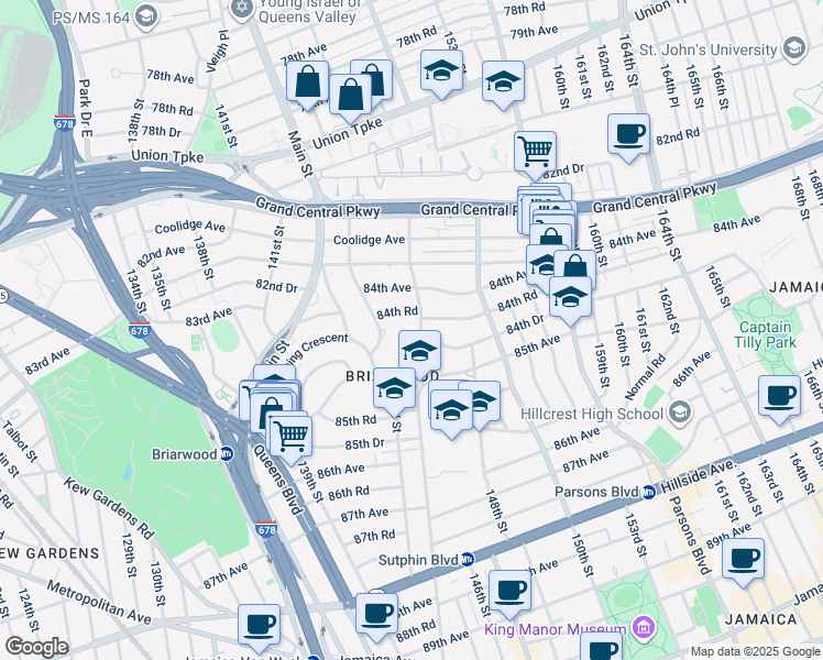 map of restaurants, bars, coffee shops, grocery stores, and more near 143-21 84th Road in Queens