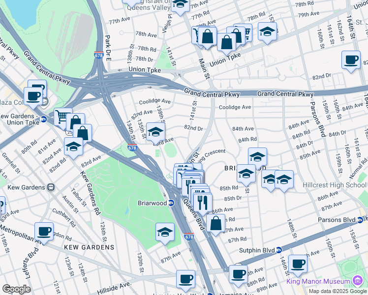 map of restaurants, bars, coffee shops, grocery stores, and more near 139-1 83rd Avenue in Queens