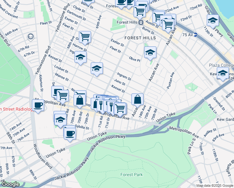 map of restaurants, bars, coffee shops, grocery stores, and more near 71-29 Kessel Street in Queens