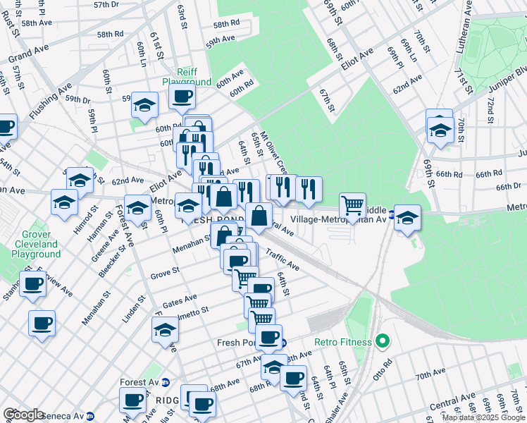 map of restaurants, bars, coffee shops, grocery stores, and more near 62-52 64th Street in Queens