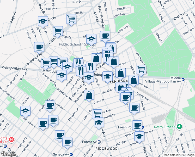 map of restaurants, bars, coffee shops, grocery stores, and more near 60-45 Metropolitan Avenue in Queens